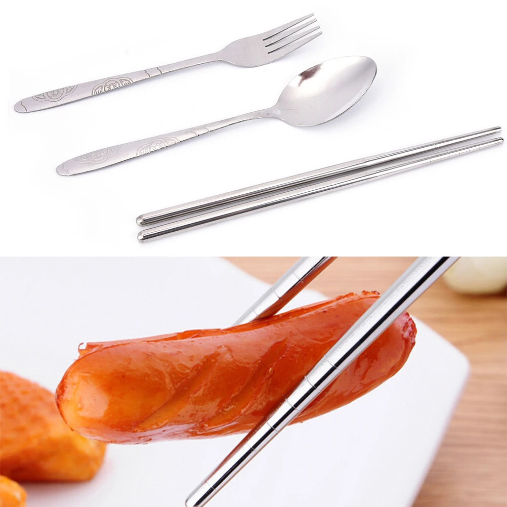 1Set Durable Travel Stainless Steel Chopsticks Boxed Spoon Fork Dinner