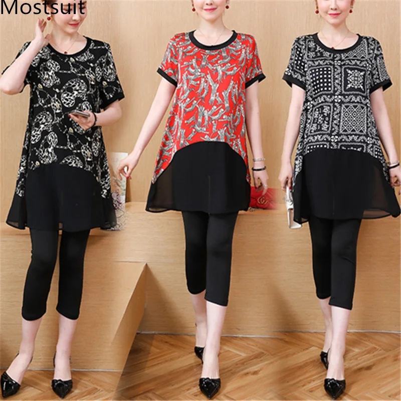 

Summer Two Piece Sets Women Plus Size Chiffon Printed Blouses And Cropped Pants Sets Tracksuit Sport Suit Casual Elegant Suits