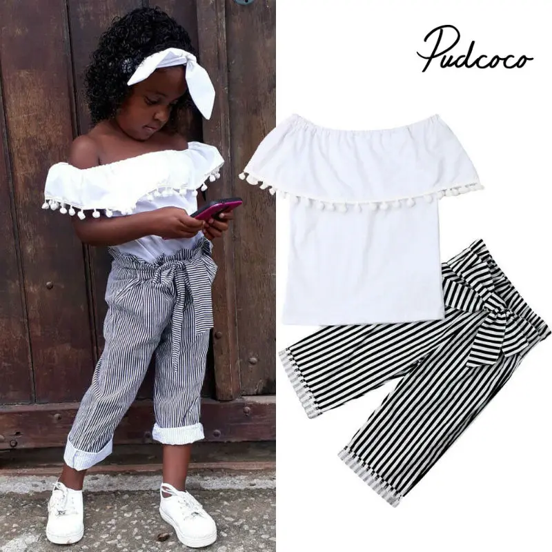 

New 2PCS Toddler Kids Girl Clothes Set Summer Short Sleeve Tassel Ruffles T-shirt Tops + Bow-knot Pants Outfit Child Suit New