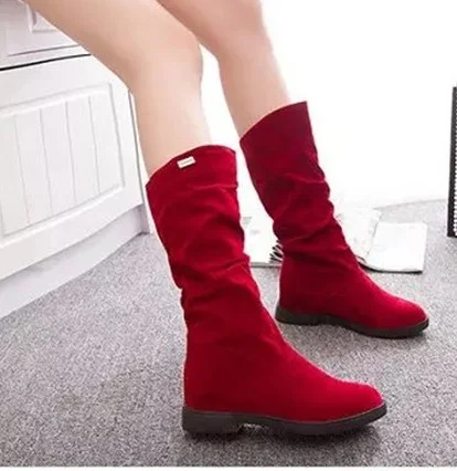 

Hot 2019 New Women Boots Square Heels Round Toe Mid-Calf Boots Woman Shoes Suede Leather Female Autumn Winter Boots Black RED