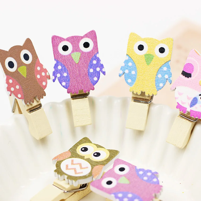 

10PCS/Bag Mini Colorful and Interesting of Cartoon Owl Wooden Clip for DIY Cartoon Photo Paper Bookmarks Office Binding Supplies