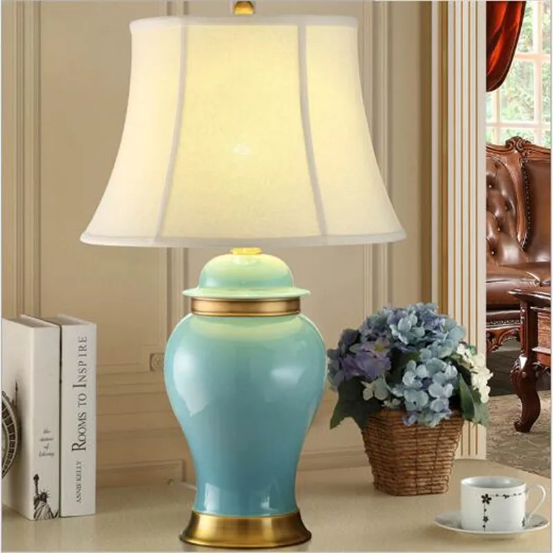 High End Handmade Blue/Green Chinese Ceramic Fabric E27 Table Lamp