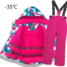 Crianças terno de esqui térmico à prova dpants água calças + jaqueta menino menina esportes inverno à prova vento qualidade criança esqui e snowboard 2pcs ternos(China)