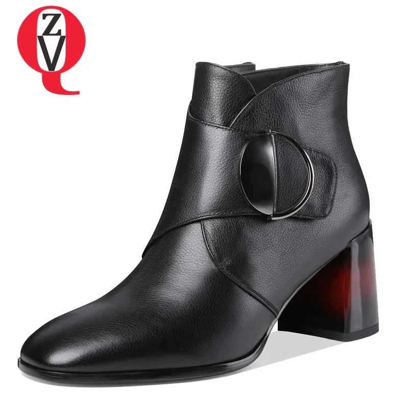 

ZVQ 2019 new high quality genuine leather and kid suede women shoes high hoof heels hook and loop black ankle boots size 33-40