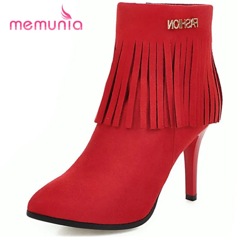 

MEMUNIA new arrive 2020 fashion super high heel boots pointed toe ankle boots for women autumn winter fringe boots size 33-43