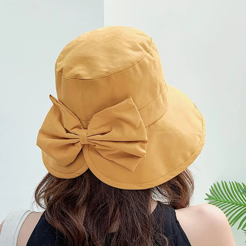 

Fashion Solid Bowknot Cap Women Ladies Flat Top Fishing Hat 100% Cotton Packable Bucket Hat sun hats for women summer hats
