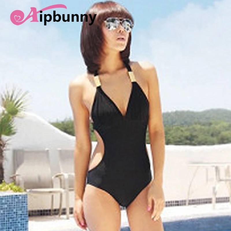 

Aipbunny Black Halter Sexy Slim One Piece Swimsuit maillot de bain femme Trikini Bikini 2018 Bathing Suit Swimwear Women Biquini