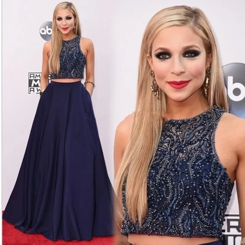 

Robe De Soiree Custom Blue Long Evening Dresses 2017 New Arrival 2 Pieces evening dress A Line Puffy Beaded Prom Party Dress