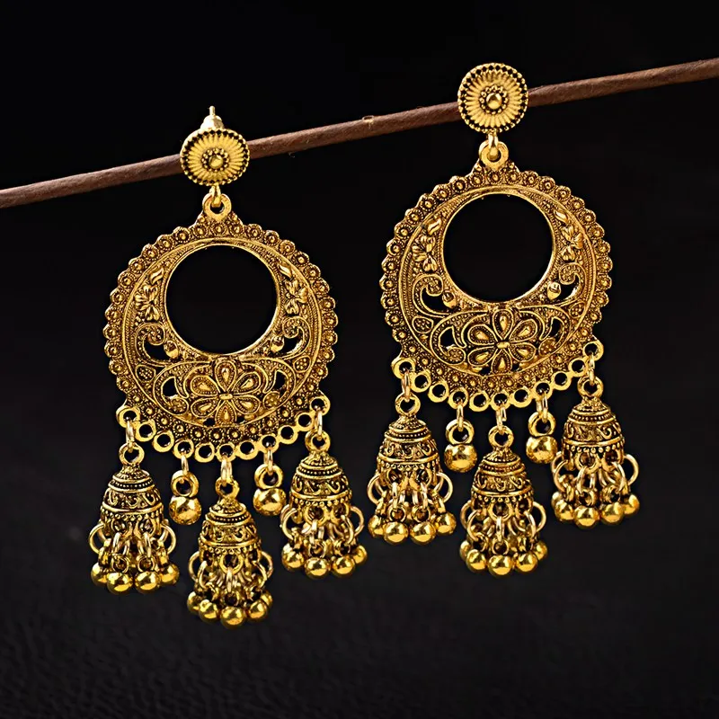 

TopHanqi Indian Jhumka Jewelry Boho Ethnic Gold Flower Carved Statement Earring Ladies Big Bells Tassel Drop Earrings For Women