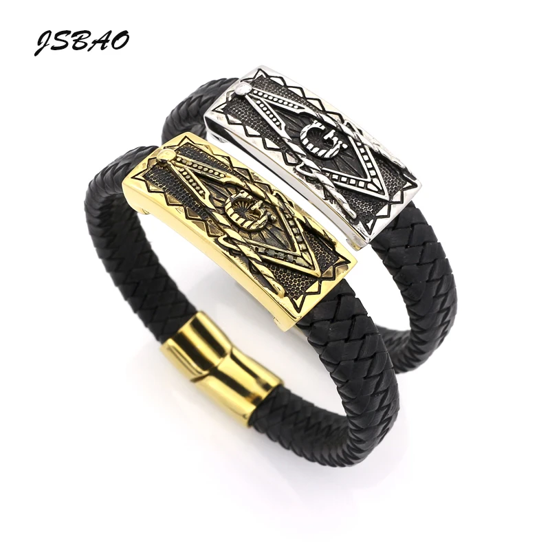 

JSBAO New Super Cool Mens 2 Size Magnetic Buckle Genuine Leather Bracelet Stainless Steel Masonic Bracelets Men Jewelry