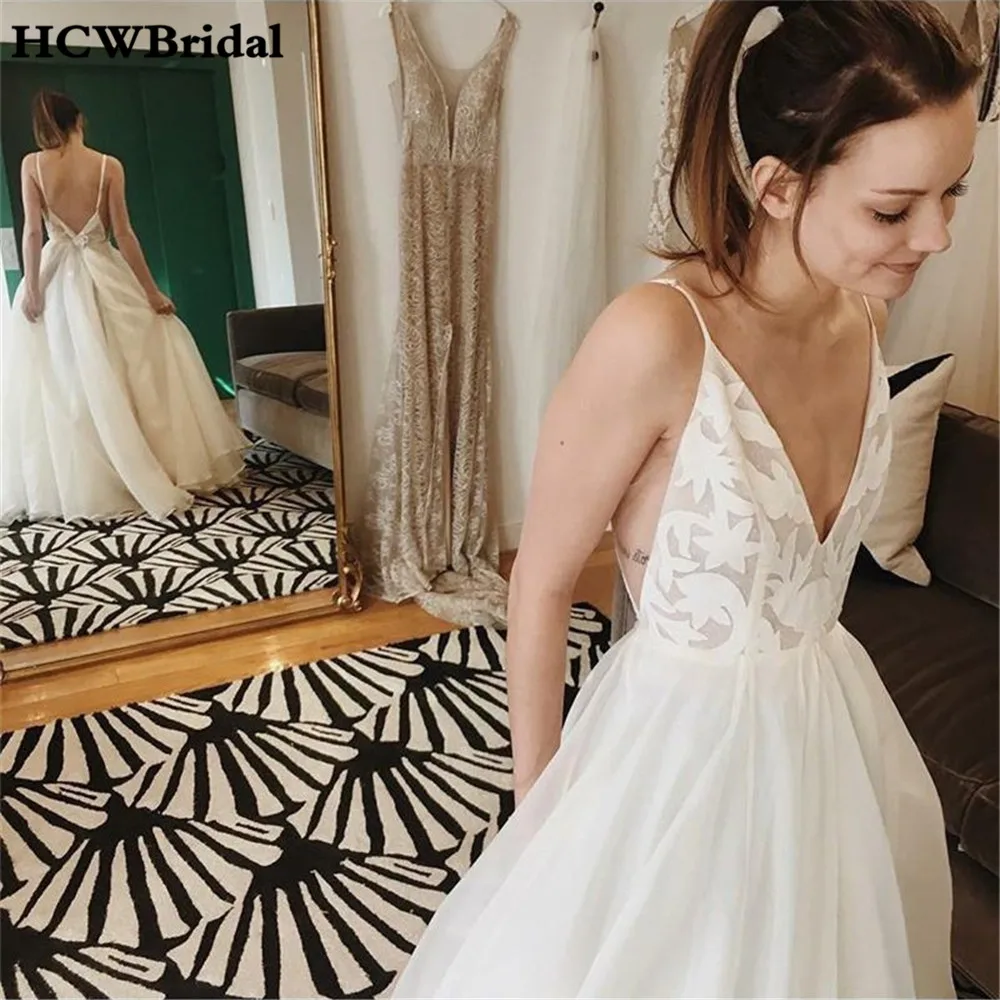 

Backless A Line Organza Sexy Wedding Dresses Spaghetti Strap V Neck Floor Length Lace Top Long Bridal Dress Cheap Robe De Mariee