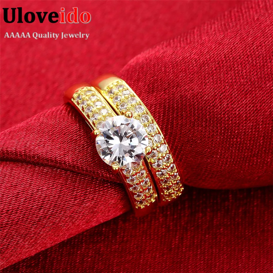 Uloveido Promise Engagement Double Rings For Couples Men Women Gold Color Pairs Wedding Ring Set for Men and Women 5% Off KR005