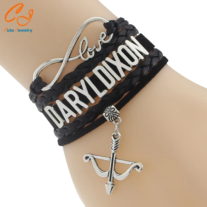 

Drop Shipping Infinity Love The Walking Dead Daryl Dixon Bracelet- Custom Black Leather Wrap Arrow Bow Charm Friendship Gift