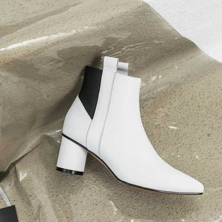 

Mixed Color Patchwork Ankle Boots For Women White Black Sewing Upper Winter Shoes Woman Pointed Toe Middle Round Heel Runway
