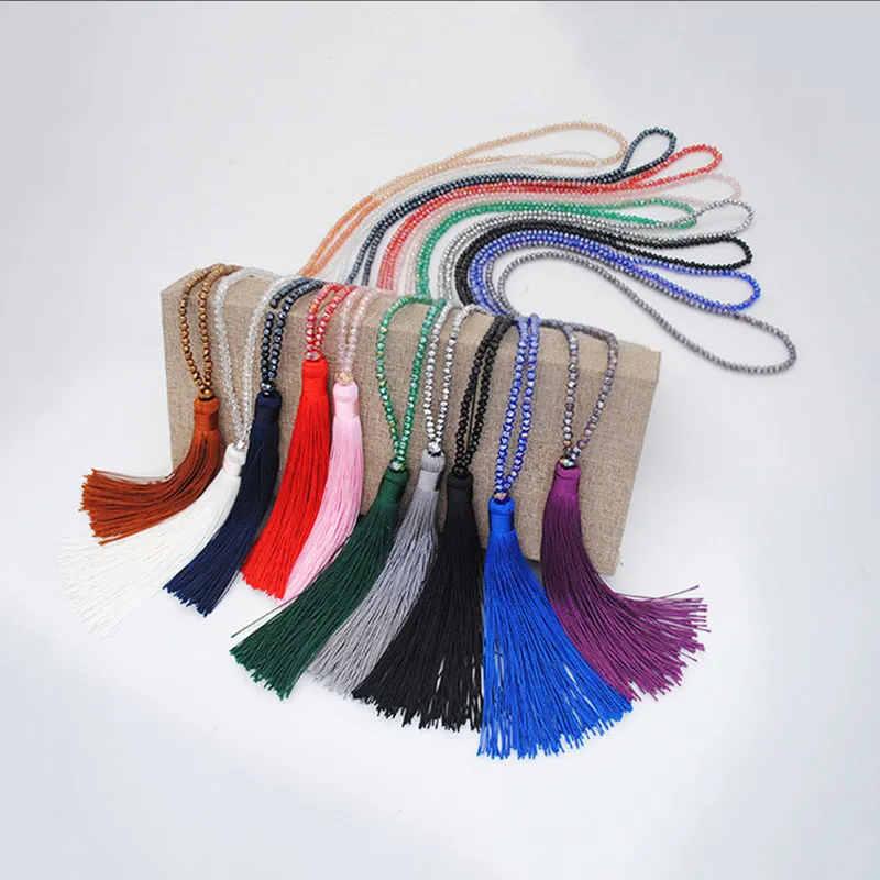 

JOUVAL New Elegant Bohemian Women Long Tassel Statement Fringe Necklaces Glass Bead Crystal Ethnic Pendant Necklace Jewelry Gift