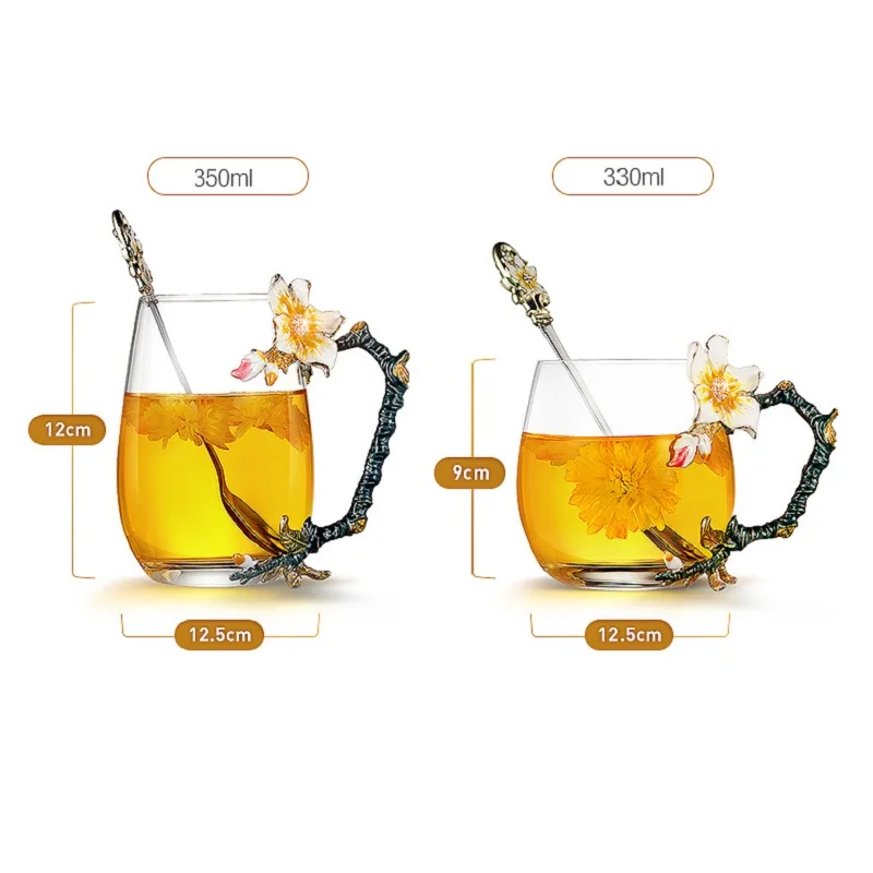 000 HIBOUR Unique Chrysanthemum Enamel Flower with Handgrip  Original Coffee Mugs Top Quality Glass Cups with Gift Box 400ml
