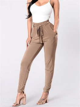 

Hot Selling New Fashion Women Casual Pants Ladies New High Waist Stripe Drawstring Elastic Long Pants Pencil Trousers