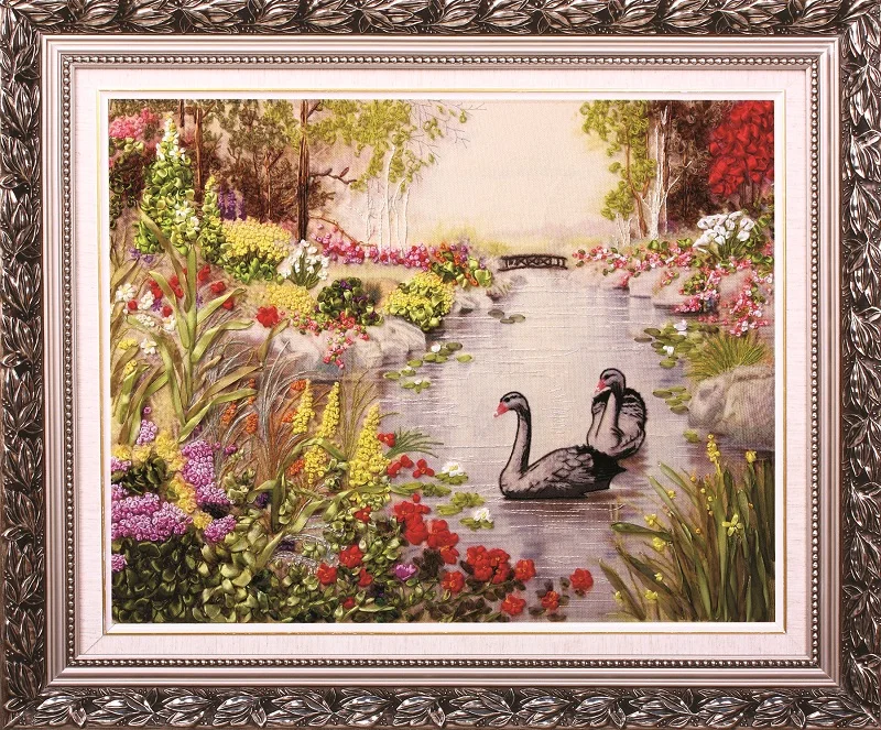 

New Arrival Unfinished Ribbons Embroidery Flower paintings Sets Handmade Needlework Embroidery Kits ,Swan lake