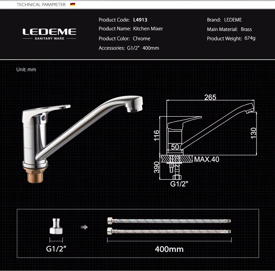 LEDEME Смеситель для кухни с гайкой латунь Цвет: хром L4913