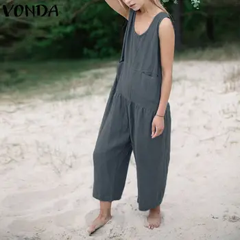 

2020 VONDA Cotton Rompers Womens Jumpsuit Summer Casual Loose Playsuits Long Wide Leg Pants Vintage Overalls Plus Size Trousers