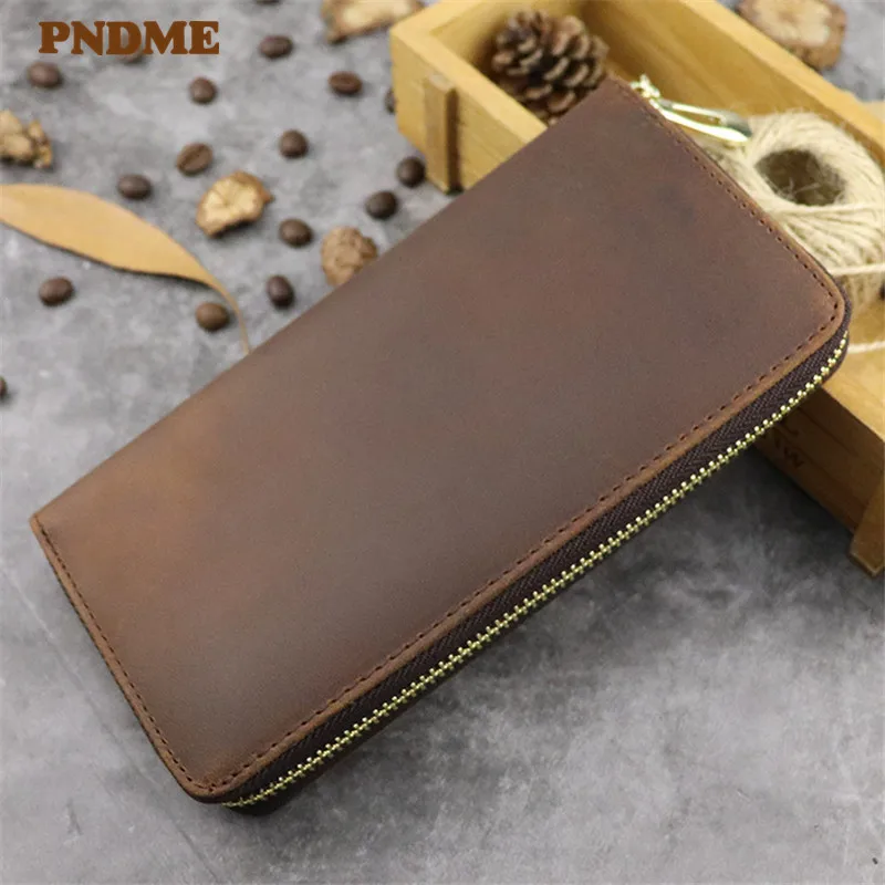 

PNDME simple crazy horse leather men's women's wallet vintage high quality genuine leather long zipper phone bag female purse