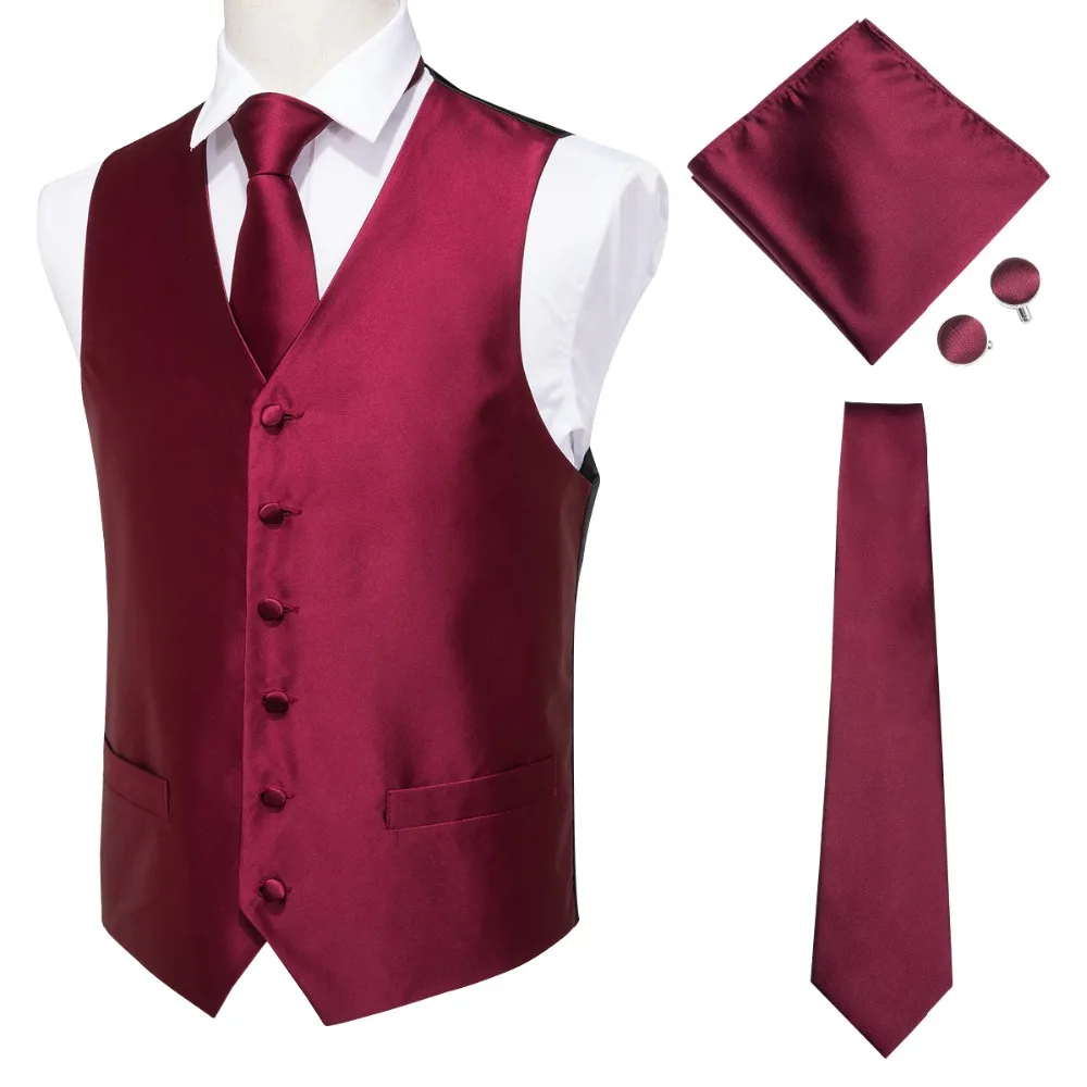 Hi-Tie High Quality Silk Men's Waistcoat Vest Tie Set Classic Party Wedding Red Vest Pocket Square Cufflinks Tie Suit Set VE-004