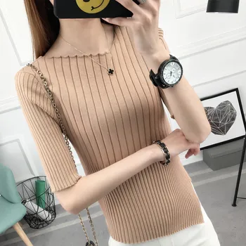 

2019 Spring And Summer New Style Pure Color Elastic Self-cultivation Women Short Sleeve Shirt