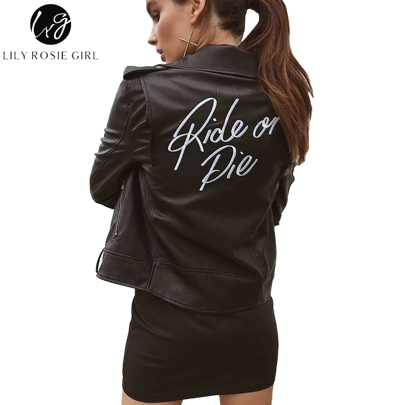 

Conmoto Girl Letter Print Faux Leather Women Black Coat Motorcycle Zipper Jacket Autumn Winter Cool Motorcycle Outerwear