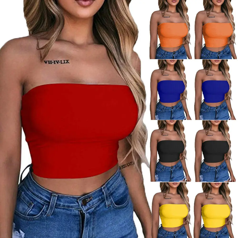 

Sexy Women Off Shoulder Elastic Tube Tops Bra Summer Ladies Girls Solid Strapless Bandeau Crop Top T-Shirts