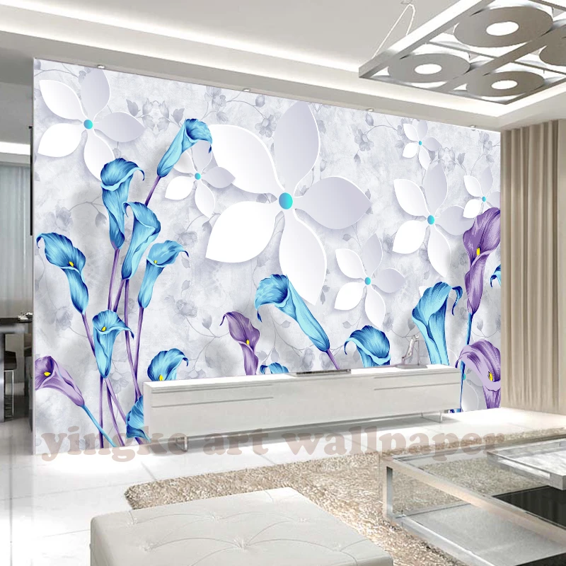 の壁紙3 Dカスタム壁紙3dブルーカーラとホワイトフローラレトロモダンなミニマリストテレビ壁papelデparede 壁紙 Aliexpress