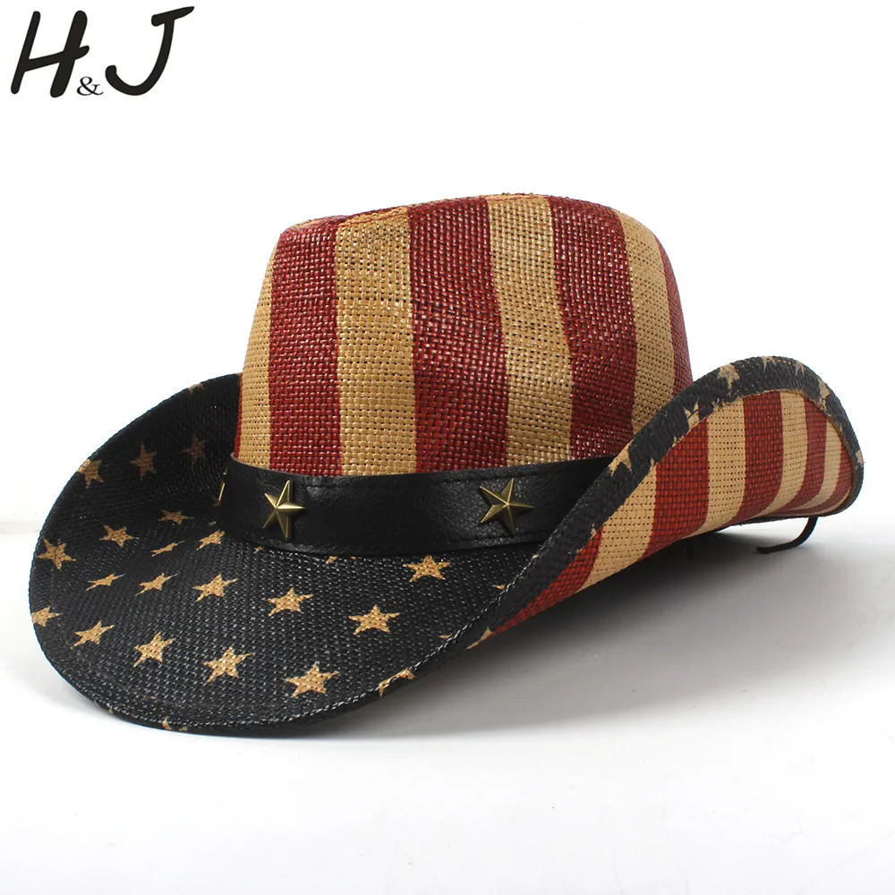 Buy Women Men Straw Cowboy Hat USA American Flag For