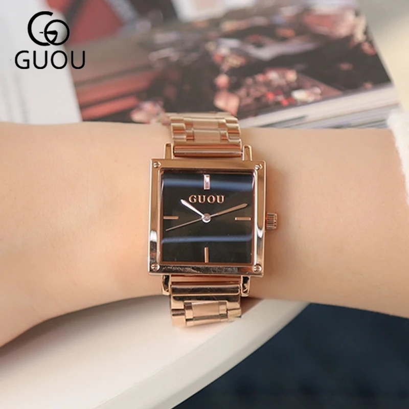 

2018 Women's Square Rose Gold Alloy Quartz Watches GUOU Luxury Waterproof Simple Watch for Woman Ladies Gilrs Wrist watches