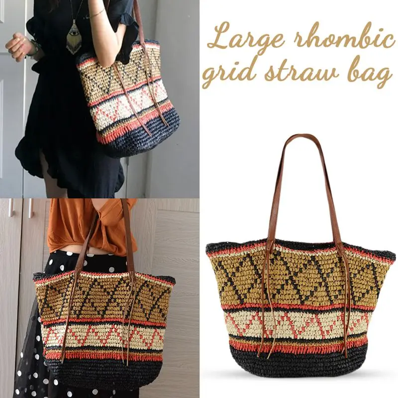 

Geometric Pattern Straw Beach Bag Travel Vacation Shoulder Bag Fashion Handbag Handmade Woven Totes High Capacity Bags For Wom