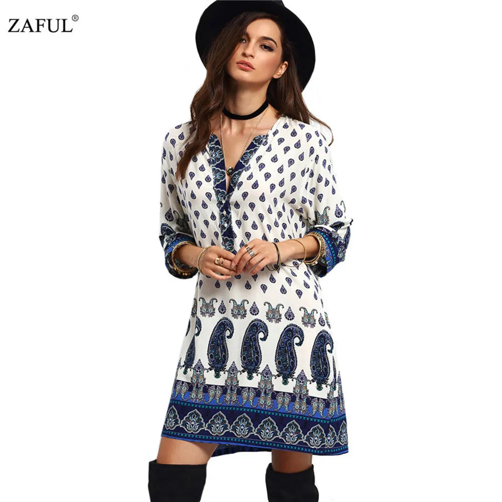  New Fashion women Geometric totem print chiffon Dress sexy vintage V neck long sleeve dress casual loose brand dress (2)