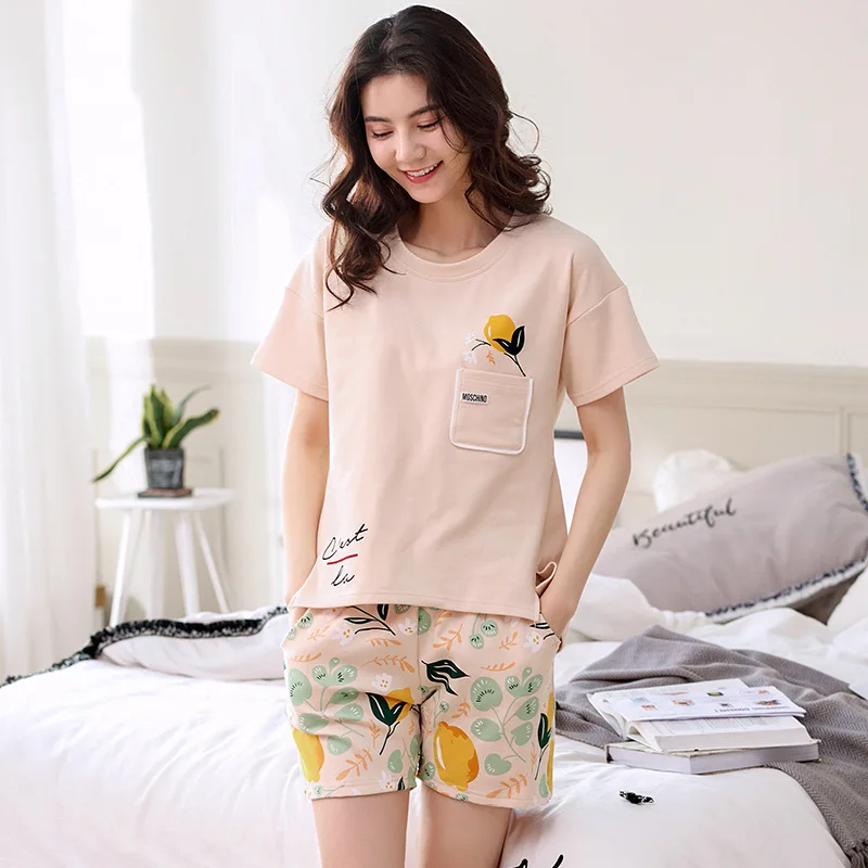 Summer Loose 2018 Print Pocket Pajamas Women Girls Cotton Pajama Set