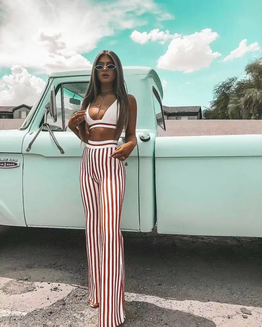 

2019 New Women Spring Bandage Two Pieces Set Sexy Striped Short Top With Long Length Pants Celebrity Runway Suits Pants