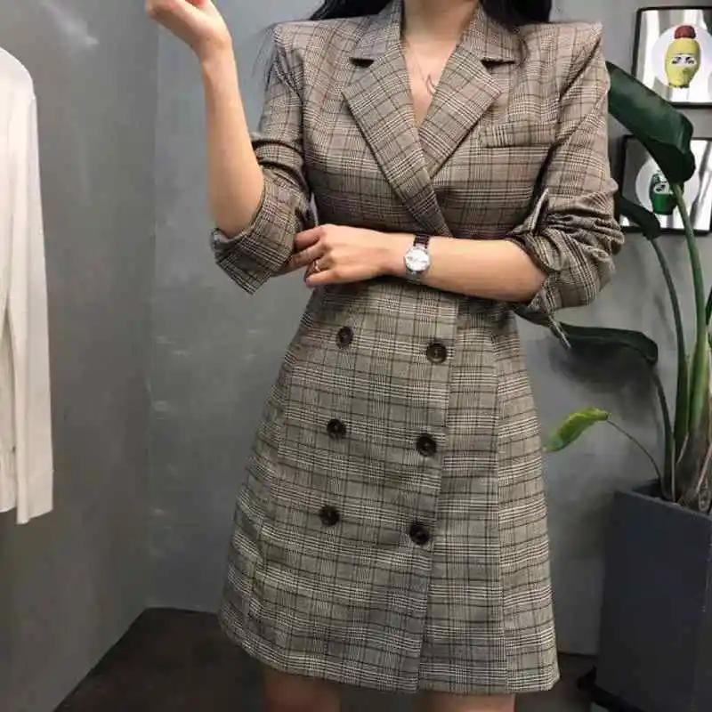 2019 New Euro Fashion Women Plaid Party Dress Elegant Suit Casual Long Sleeve Work OL Ladies Party Slim Fit Dress Suits