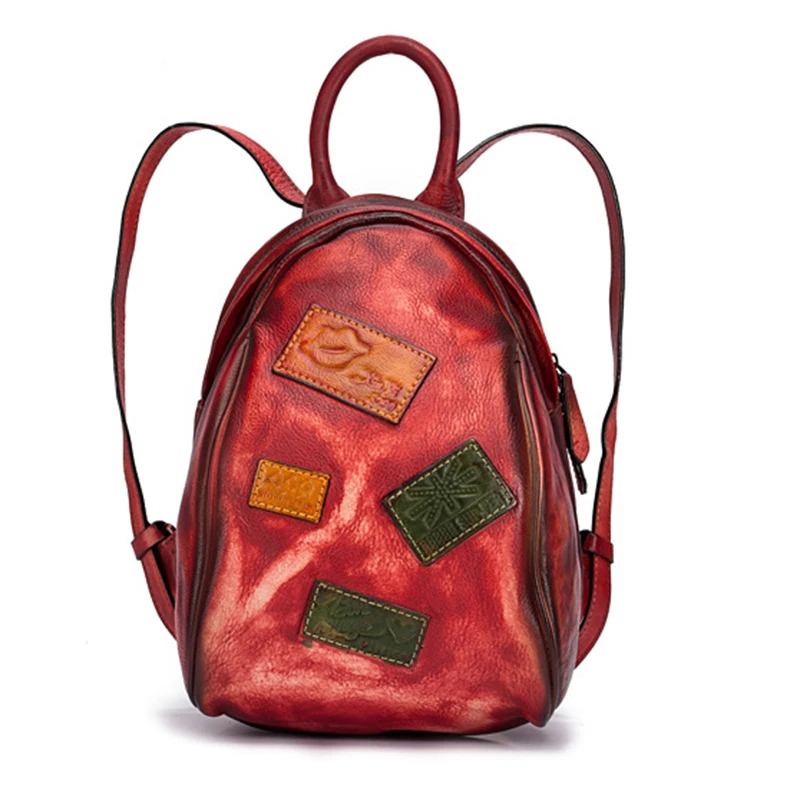 

High Quality Cowhide Daypack Rucksack Knapsack Small Geometry Patchwork Travel Brush Color Bag Women Backpack Genuine Leather