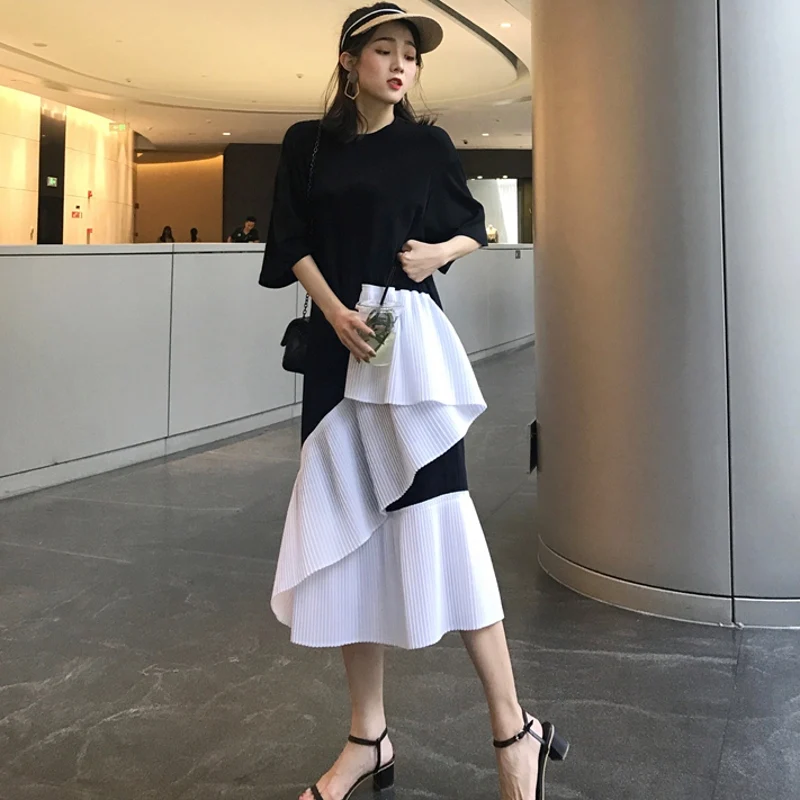 

Hong Kong chic temperament Long section irregular Hit color Splice Split short sleeve dress Vintage fairy fashion trend vestiti