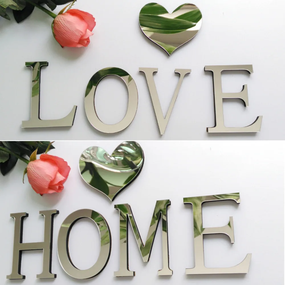 Wedding Love Letters Home Decoration English 3D Mirror Wall Stickers Alphabet Home Decor LOGO For Wall 10cmx8cmx0.7cm On Sale