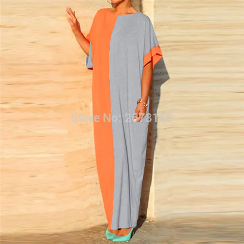 

2018 new station hit color mosaic bat sleeve dress large size long dress loose women maxi summer beach dress vestido de festa