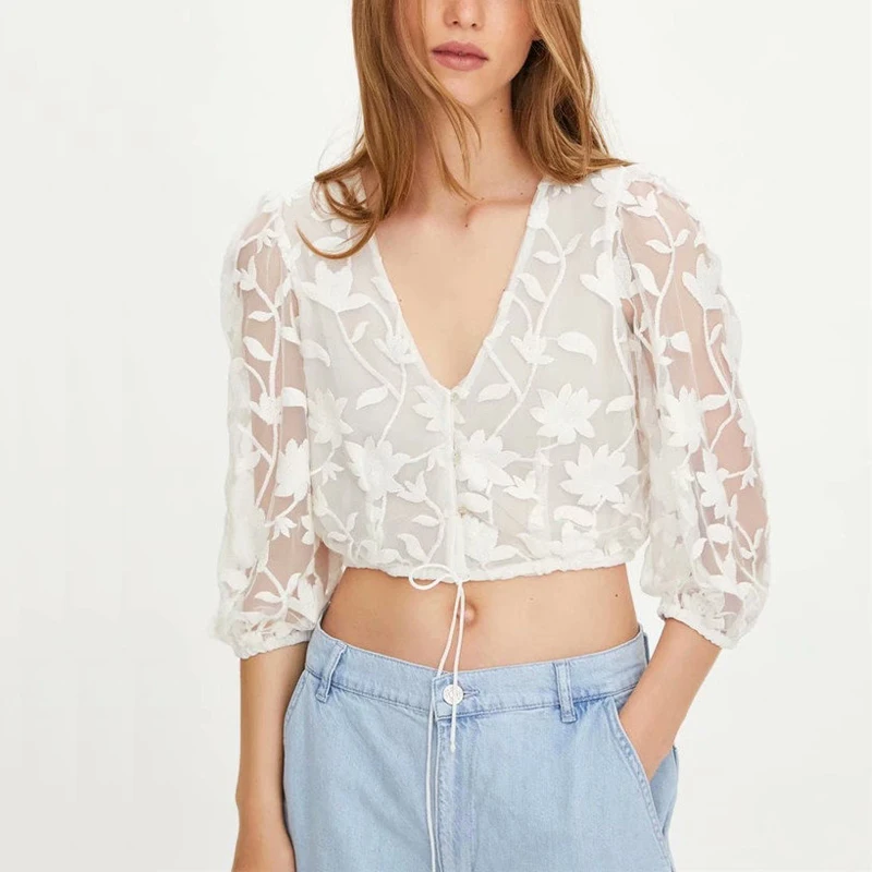 

Summer women's shirt casual solid color flower embroidery V-neck short shirt