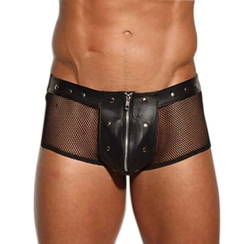 Erotic Lingerie For Mens Underpants Black Leather Fishnet Boxer Shorts Men’s Underwear Gay Fetish Punk Stud Zipper Sexy Boxer   (1)