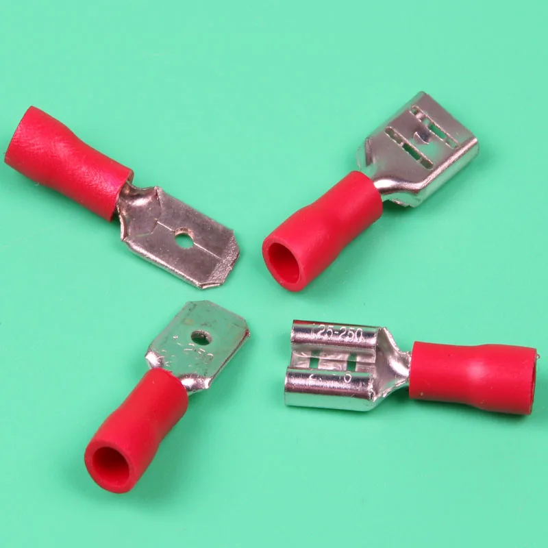 

Free shipping 50pcs Red fdd1.25-250 50pcs Red mdd1.25-250 Fully Insulated 6.3mm Female Spade Connector 0.5-1.5mm Crimp Terminal