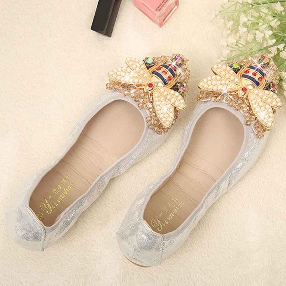 YOUYEDIAN ballerina Woman Plus Size Crystal Flat Shoes Comfortable Rhinestone Soft Bee sandalias mujer planas casual#G30