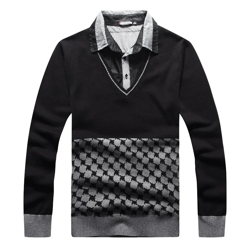 Для мужчин s свитер с отложным воротником Повседневное молодых Для мужчин верхняя одежда Вязание хлопковый свитер джемпера пуловеры свитера для мальчиков на осень/зиму Костюмы - Цвет: black