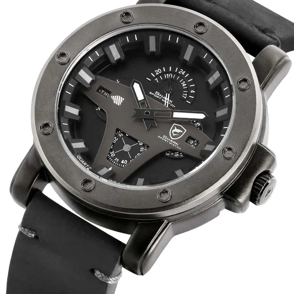 Люксовый бренд Shark спортивные мужские часы Дата Crazy Horse черная кожа Большой циферблат Кварцевые Мужские наручные часы Masculino Relogio подарок/SH452