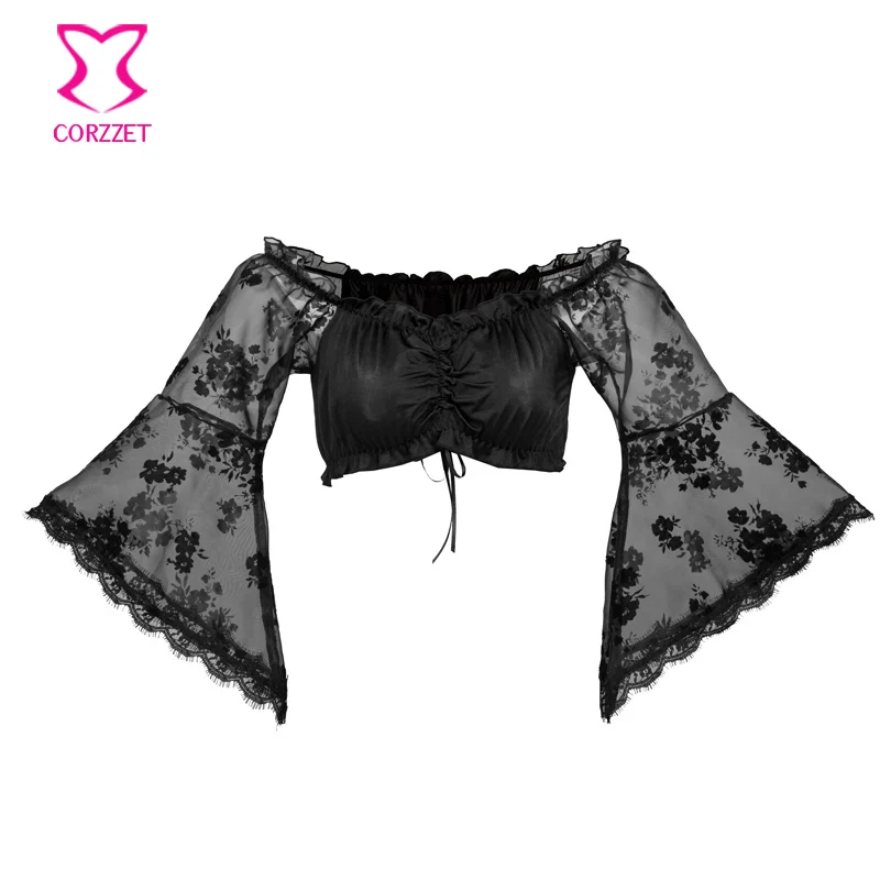 

Sexy Crop Tops Women Clothes 2019 Organza Flocked Floral Lace Off Shoulder Flared Sleeve Wrapped Chest Top Corset Accessories