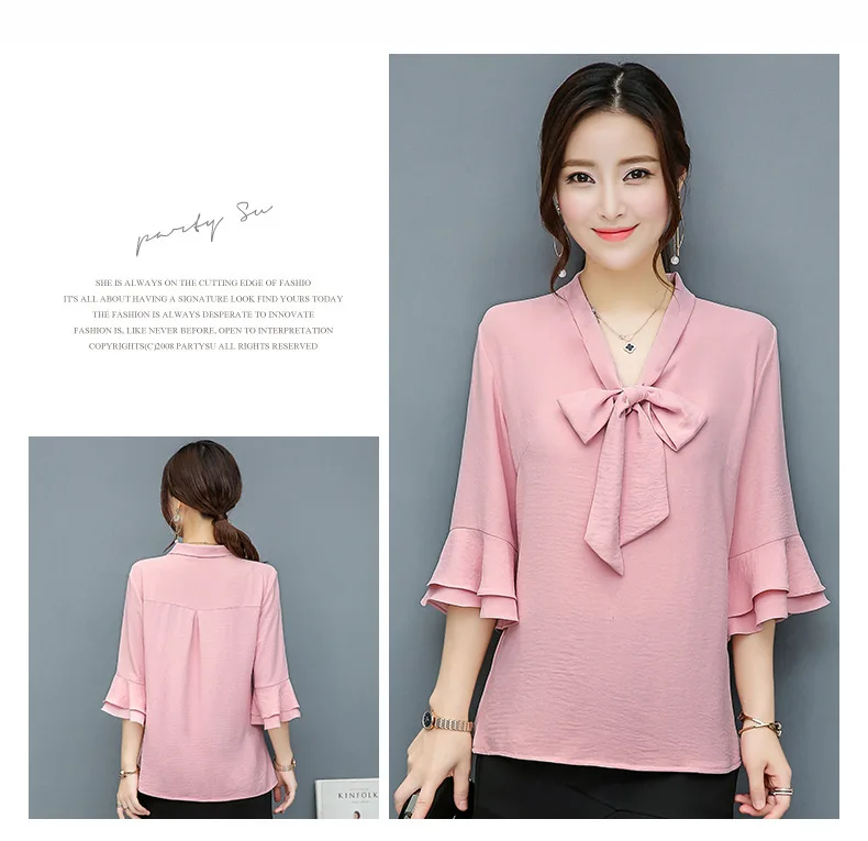 Белый розовый оранжевый офисный официальный для женщин блузка рубашка весна осень плюс размер Женский Топ лук половина шифоновая блуза с рукавами-клеш блузка 3XL 4XL