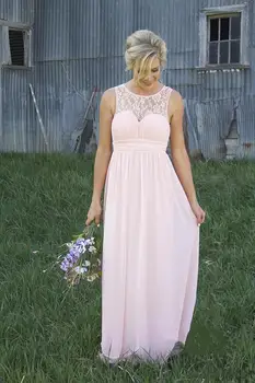 

Pink Long Boho Rustic Bridesmaid Dresses Ruched Chiffon Lace Long Floor Length Country Beach Wedding Party Dresses Formal